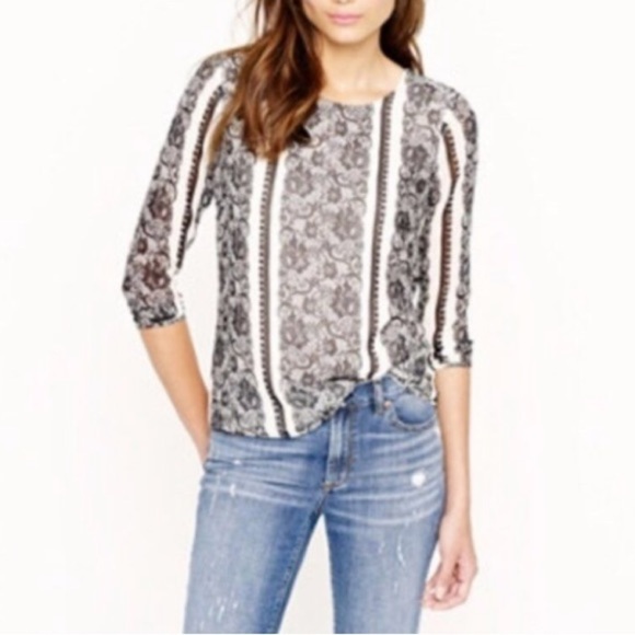 J. CREW Black & Cream Silky “Lace” Print Top - Picture 1 of 8